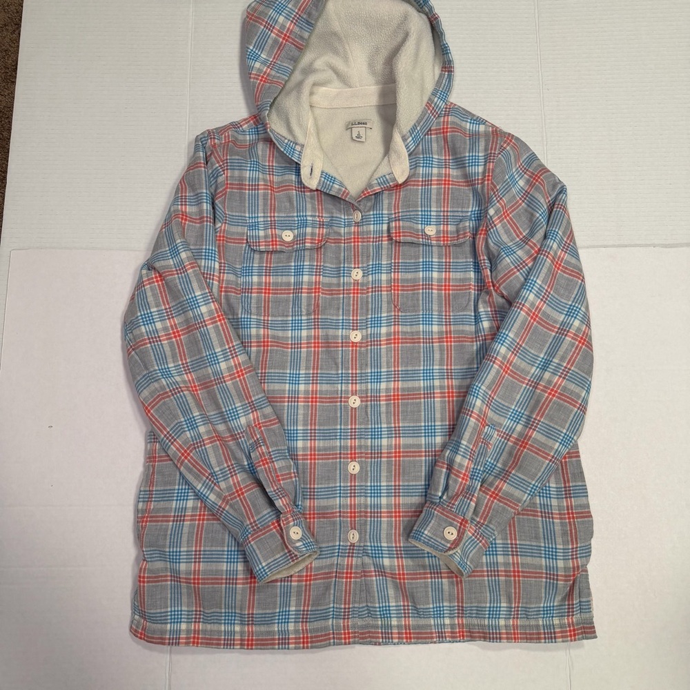 L.L.Bean Fleece-Lined Hooded Flannel Shirt Jacket Shacket Plaid Women’s Small - Picture 4 of 8